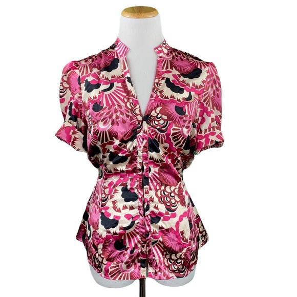 Guess Pink Floral Short Cuff Sleeve Belted V-Neck Blouse